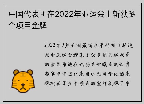 中国代表团在2022年亚运会上斩获多个项目金牌