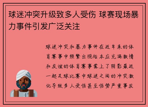 球迷冲突升级致多人受伤 球赛现场暴力事件引发广泛关注 球迷冲突升级致多人受伤 球赛现场暴力事件引发广泛关注