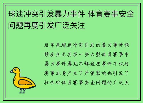 球迷冲突引发暴力事件 体育赛事安全问题再度引发广泛关注 球迷冲突引发暴力事件 体育赛事安全问题再度引发广泛关注