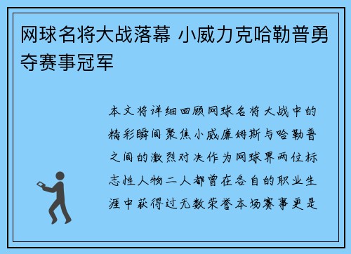网球名将大战落幕 小威力克哈勒普勇夺赛事冠军 网球名将大战落幕 小威力克哈勒普勇夺赛事冠军