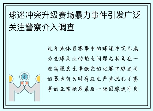 球迷冲突升级赛场暴力事件引发广泛关注警察介入调查 球迷冲突升级赛场暴力事件引发广泛关注警察介入调查