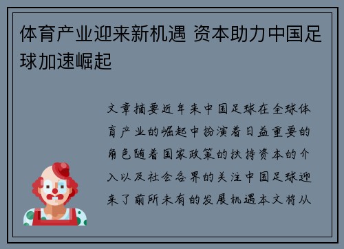 体育产业迎来新机遇 资本助力中国足球加速崛起 体育产业迎来新机遇 资本助力中国足球加速崛起