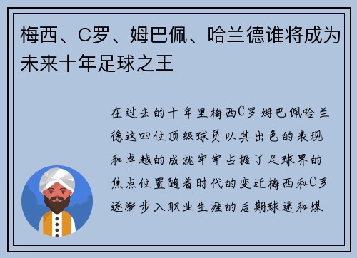 梅西、C罗、姆巴佩、哈兰德谁将成为未来十年足球之王