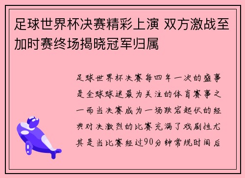 足球世界杯决赛精彩上演 双方激战至加时赛终场揭晓冠军归属
